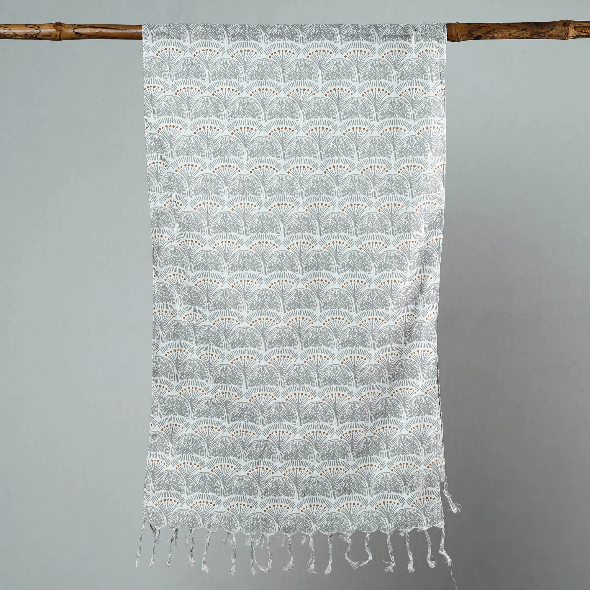 Grey - Sanganeri Block Printed Cotton Stole with Tassels 54