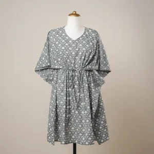 Grey - Sanganeri Printed Cotton Knee Length Kaftan Dress