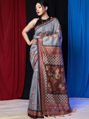 Grey Saree in Cotton Floral Printed