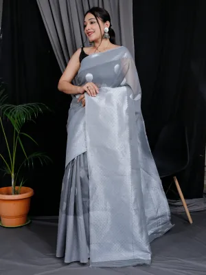 Grey Saree in Linen Silk with Silver Zari Woven and Big Border