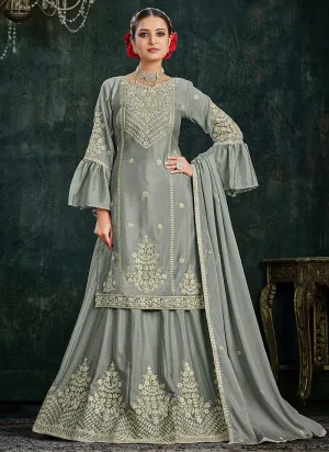 Grey Sequence And Thread Embroidery Lehenga Kurti