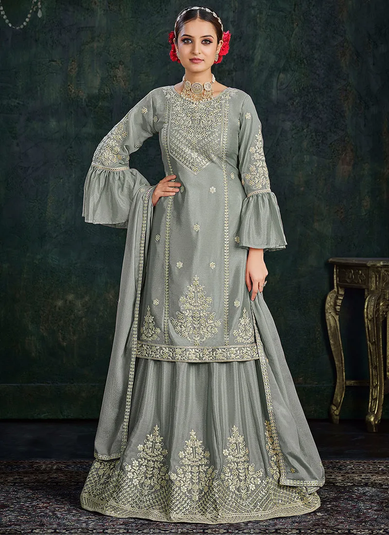 Grey Sequence And Thread Embroidery Lehenga Kurti