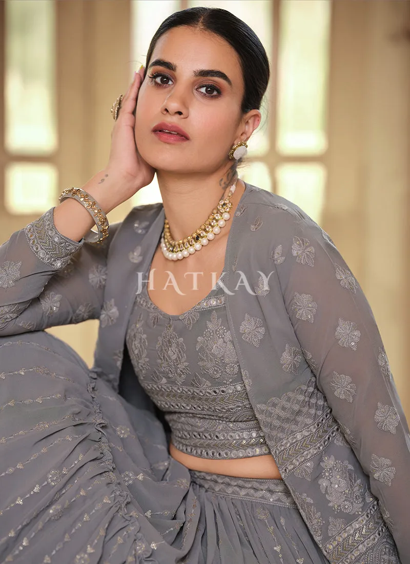 Grey Sequence Embroidered Jacket Style Lehenga Choli