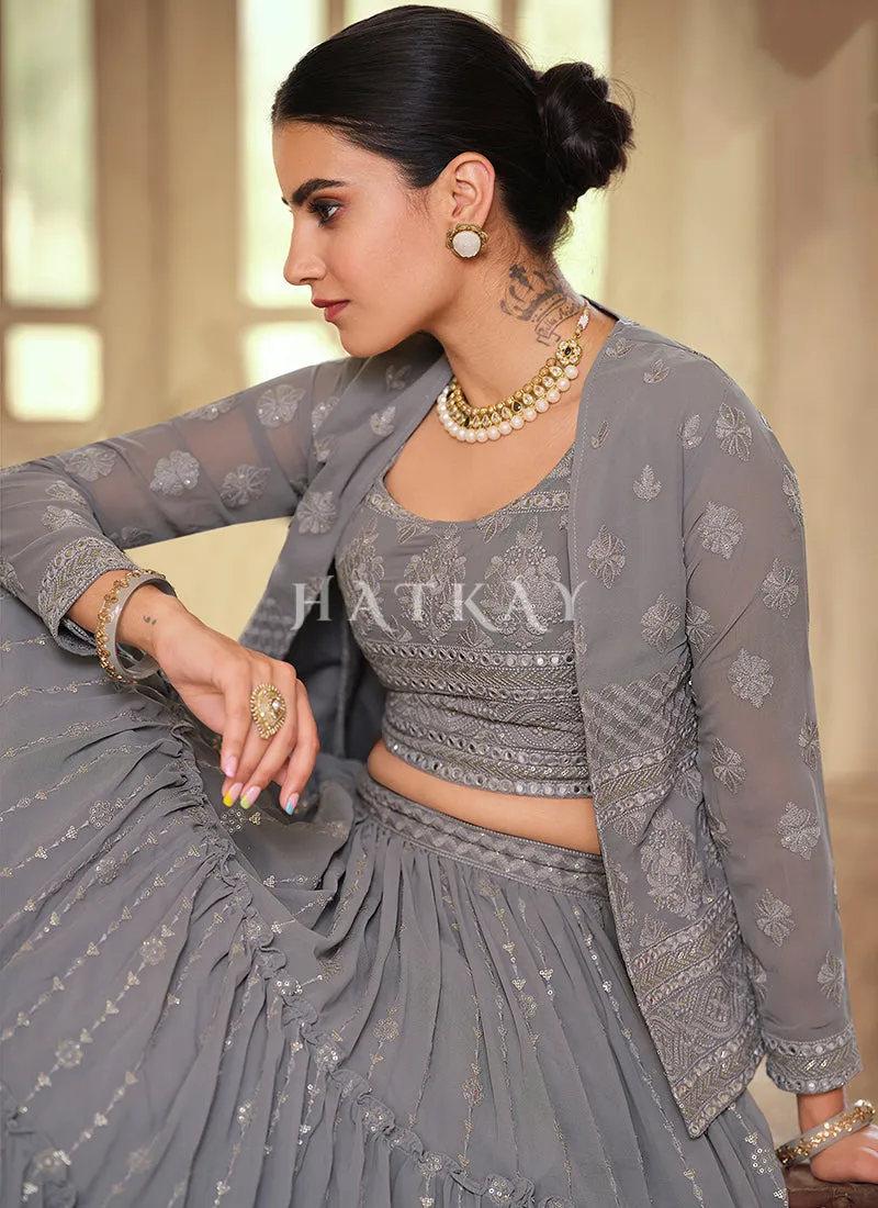 Grey Sequence Embroidered Jacket Style Lehenga Choli