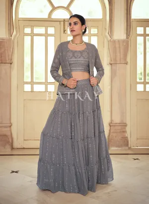 Grey Sequence Embroidered Jacket Style Lehenga Choli