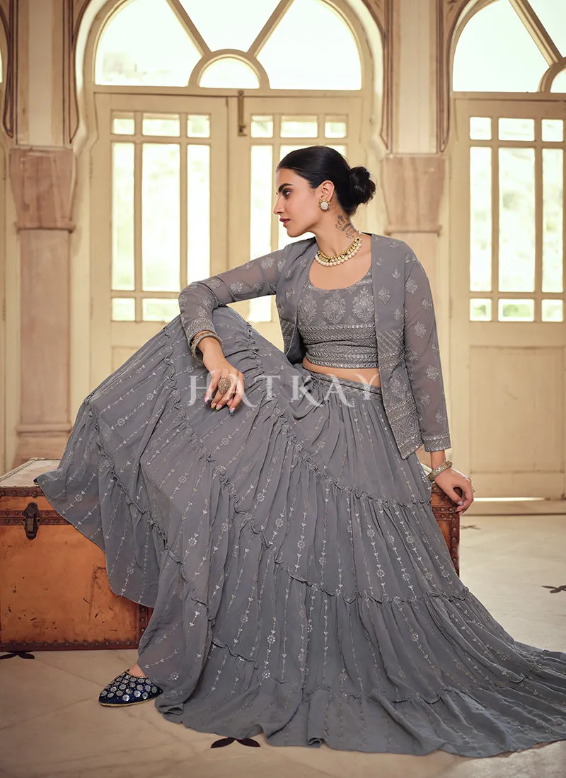 Grey Sequence Embroidered Jacket Style Lehenga Choli