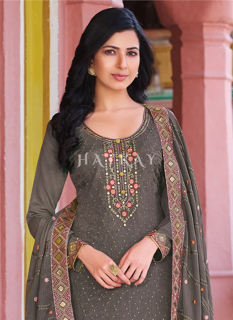 Grey Sequence Embroidered Pakistani Pant Style Suit