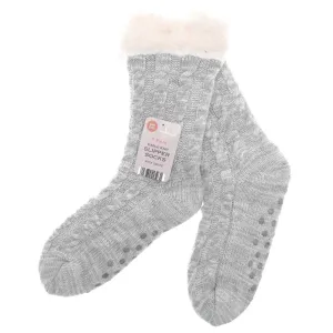 Grey Sherpa Lined Chunky Cable Knit Slipper Socks Grips One Size