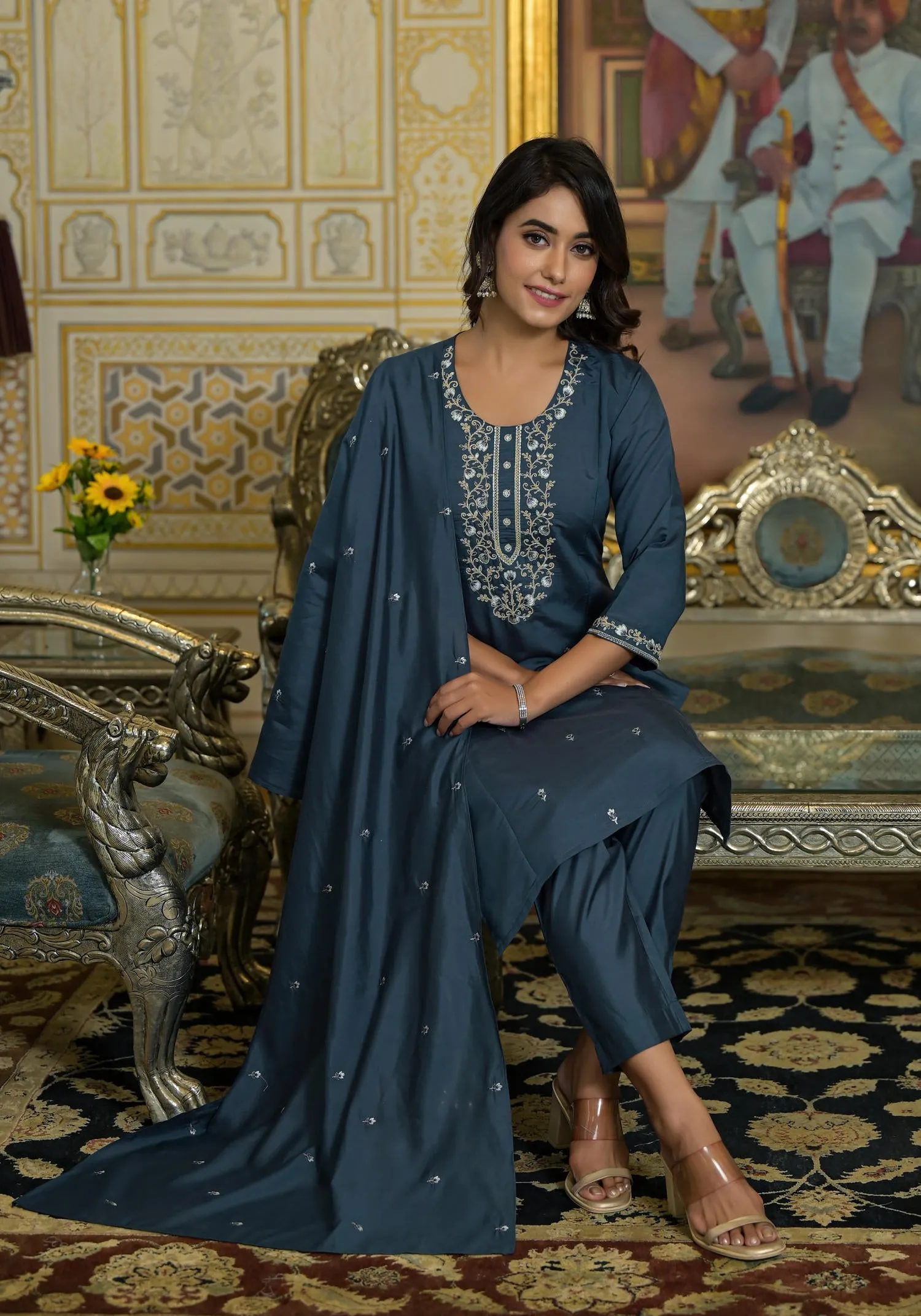 Grey Thread & Zari Embroidered Viscose Kurta Pant And Dupatta Set