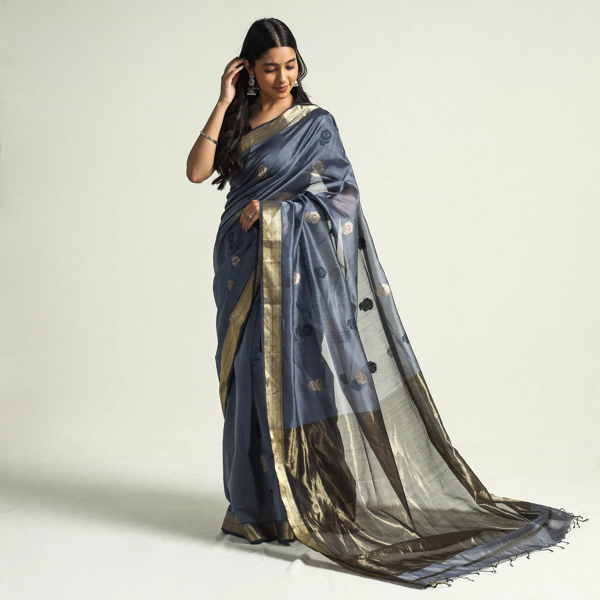 Grey - Traditional Chanderi Silk Handloom Saree with Zari Border & Buta