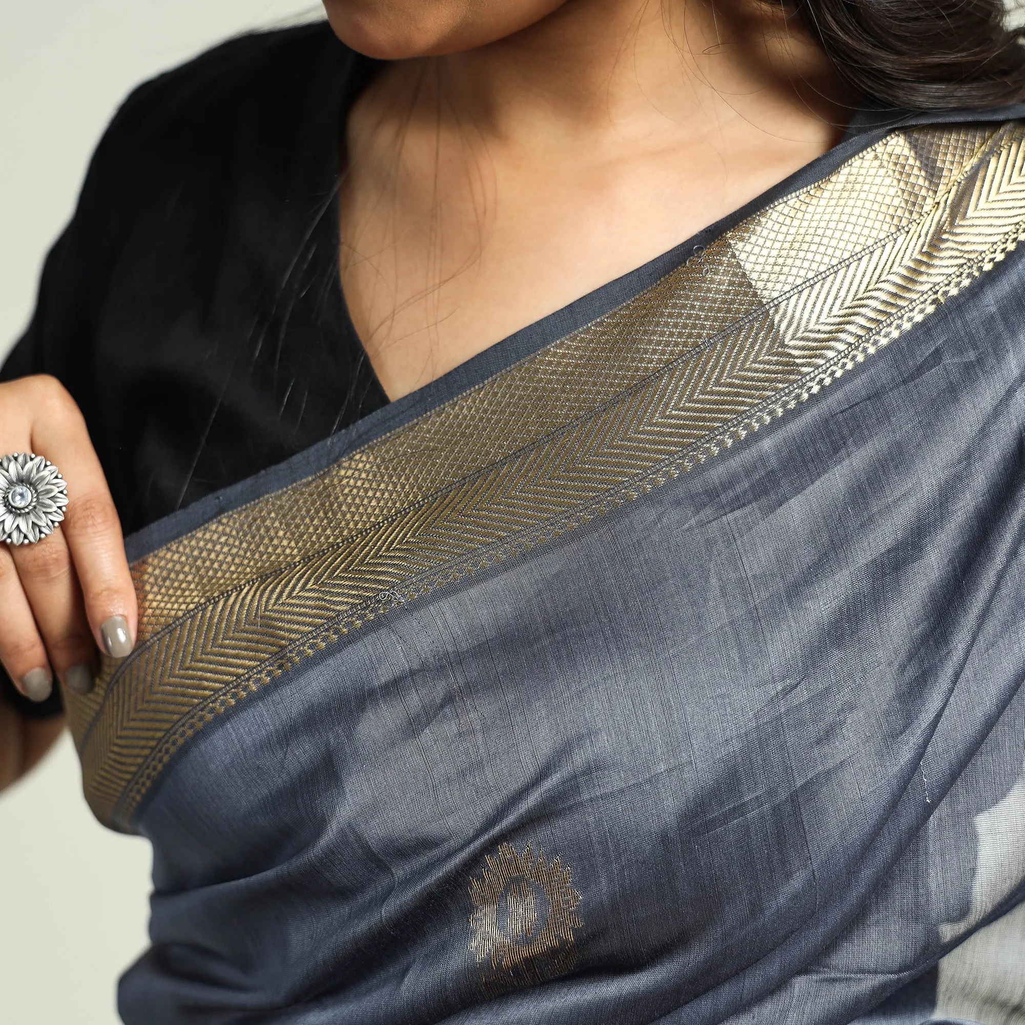 Grey - Traditional Chanderi Silk Handloom Saree with Zari Border & Buta