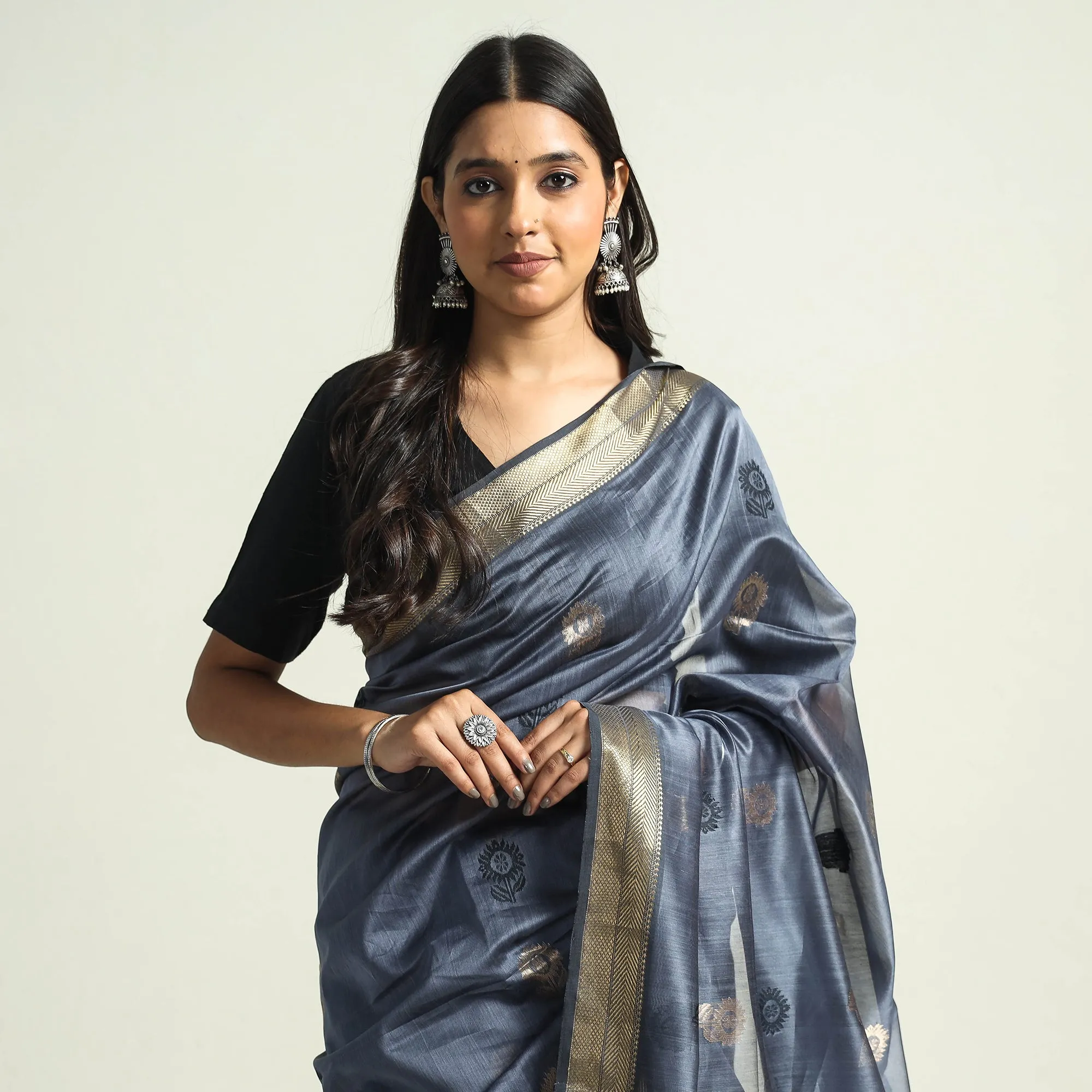 Grey - Traditional Chanderi Silk Handloom Saree with Zari Border & Buta