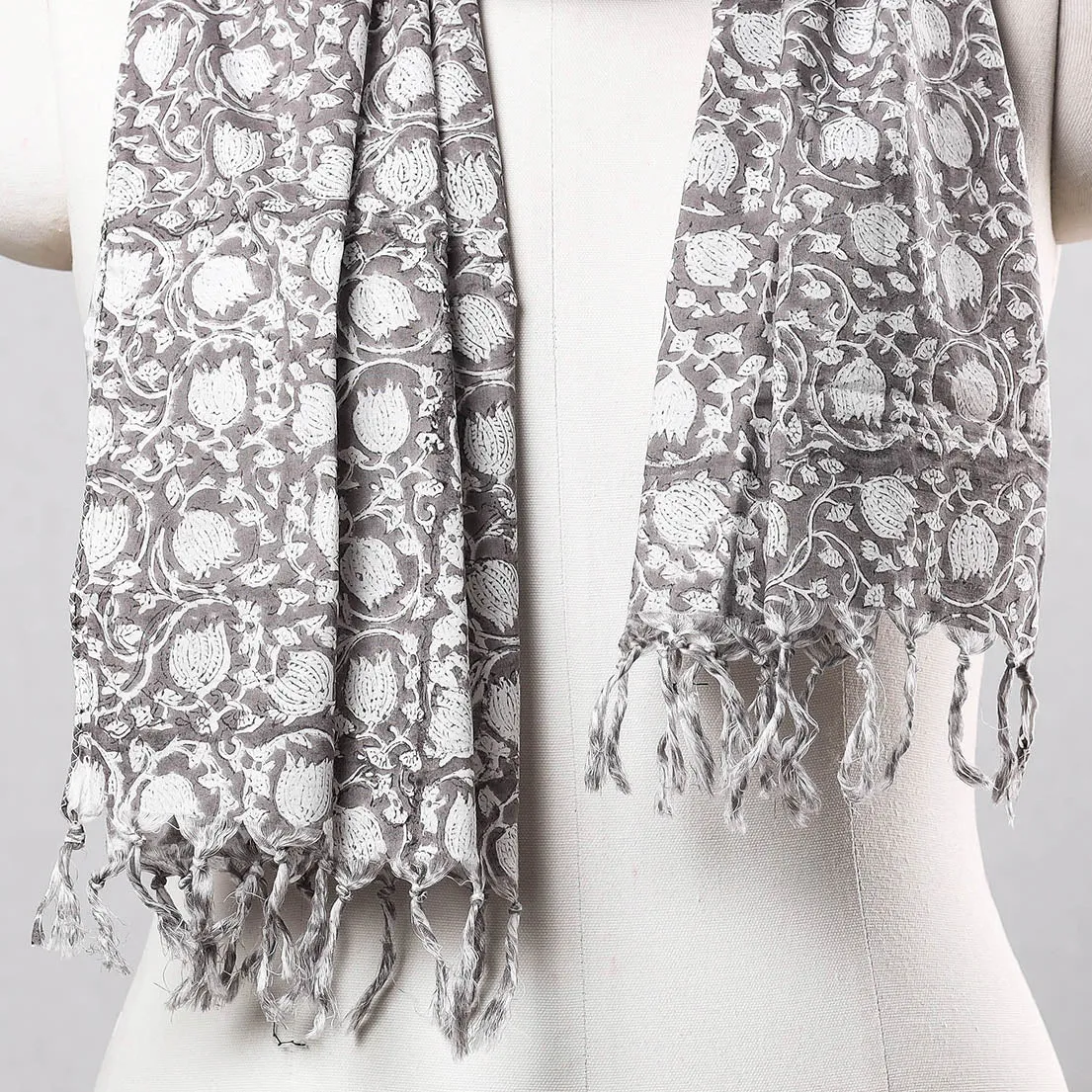 Grey - White Kand Flowers Sanganeri Block Printed Cotton Stole