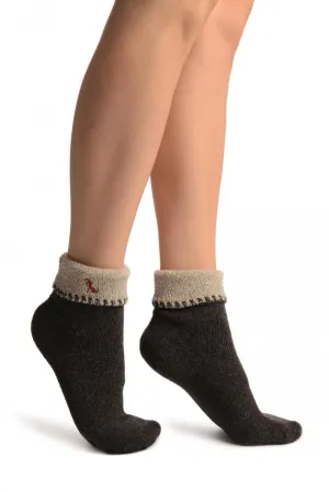 Grey With Cute Dog Flip Top Angora Ankle High Socks