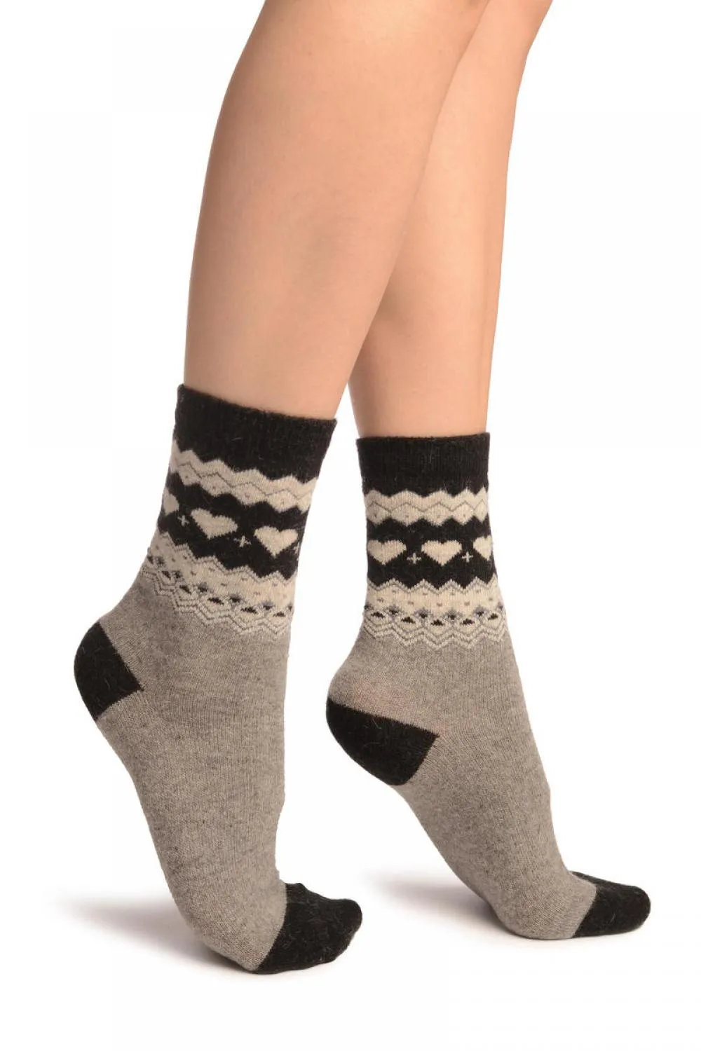 Grey With Hearts & Black Top Angora Ankle High Socks