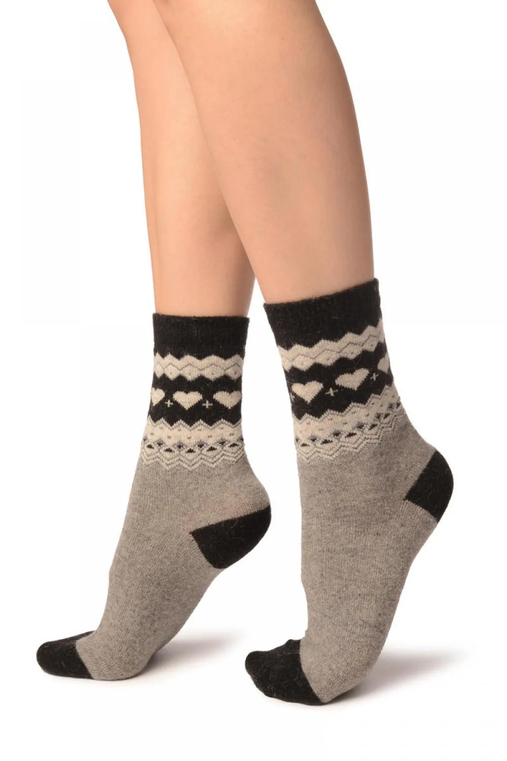 Grey With Hearts & Black Top Angora Ankle High Socks