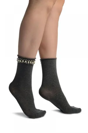 Grey With Pearls and Silver Beads Stripe Ankle High Socks