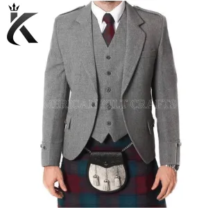 Grey Wool Argyle Kilt Jacket With Waistcoat - Unisex Traditional Craftsmanship