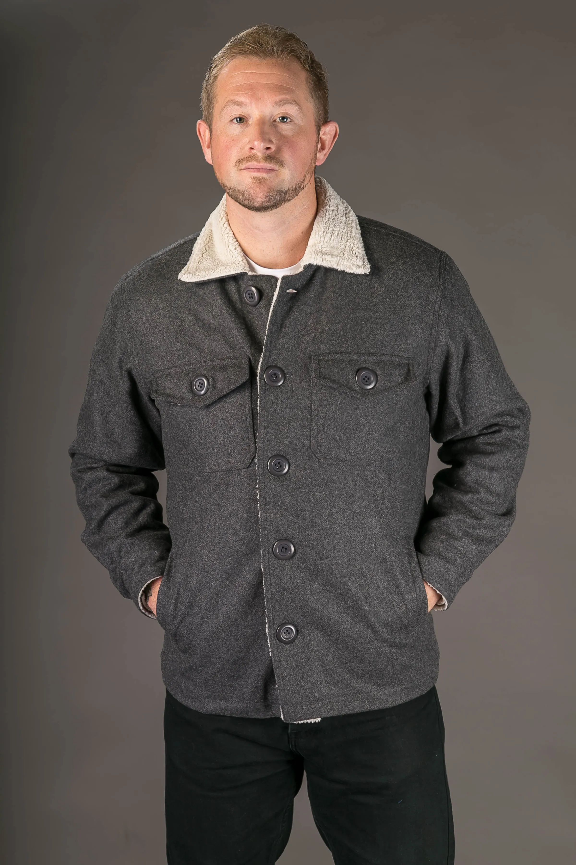 Grey Wool Mens Winter Jacket Shearling Lining