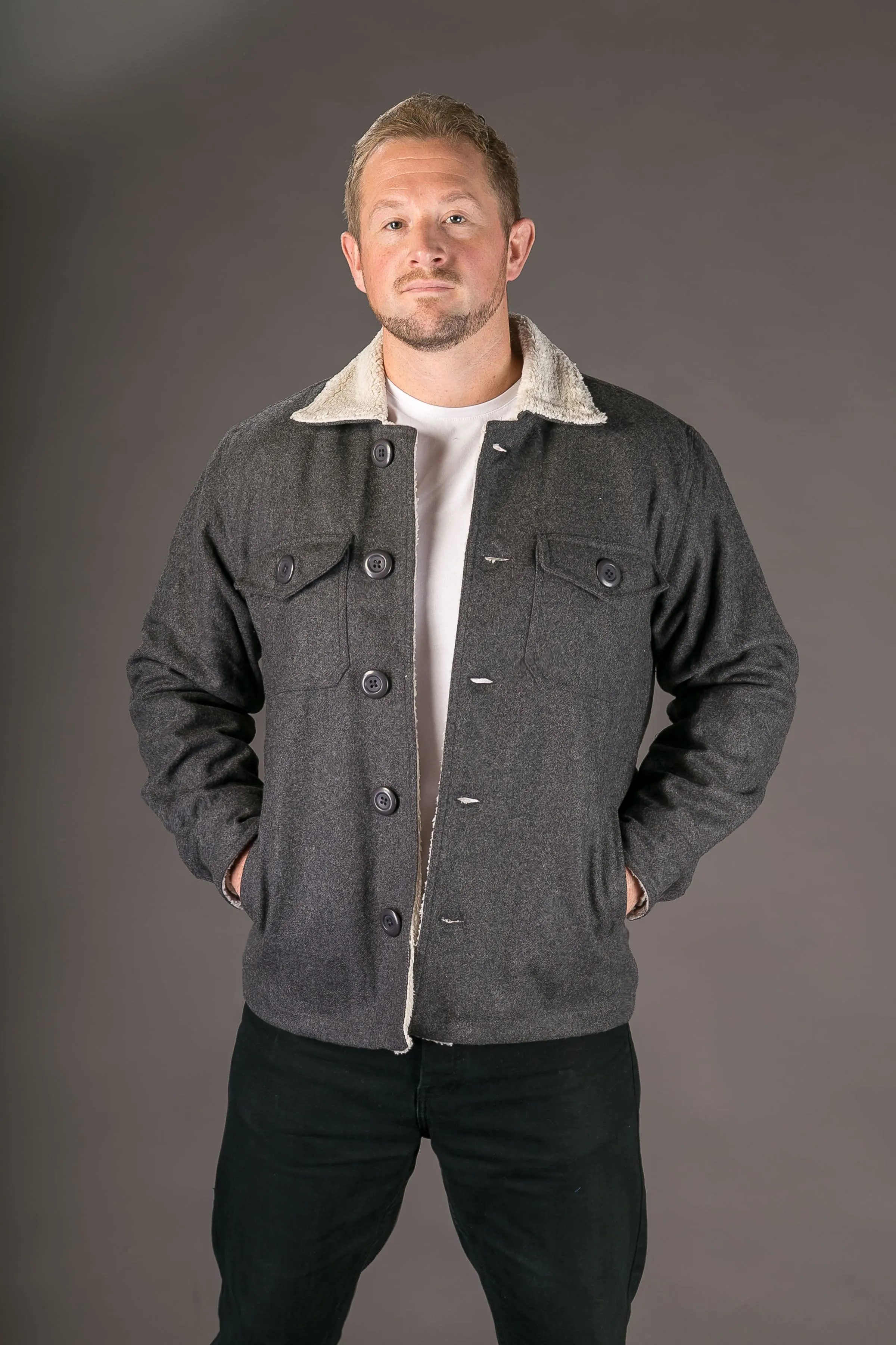 Grey Wool Mens Winter Jacket Shearling Lining