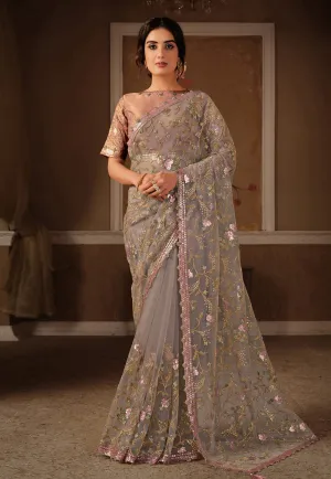 Greyish Pink Embroidered Saree