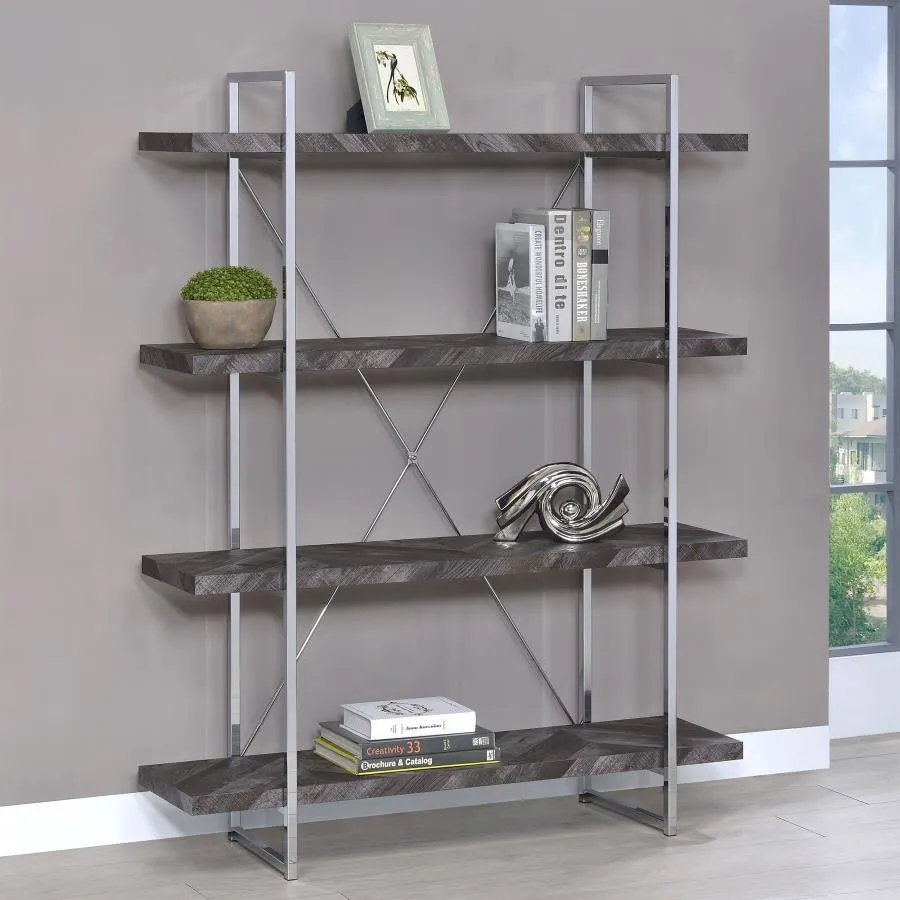 Grimma - 4-Shelf Bookshelf - Rustic Gray And Chrome