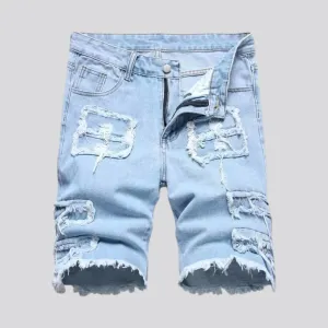 Grunge street style raw hem men's denim shorts