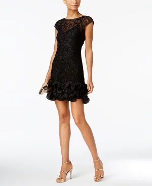 GUESS Lace Floral Ruffle Sheath Dress, Black