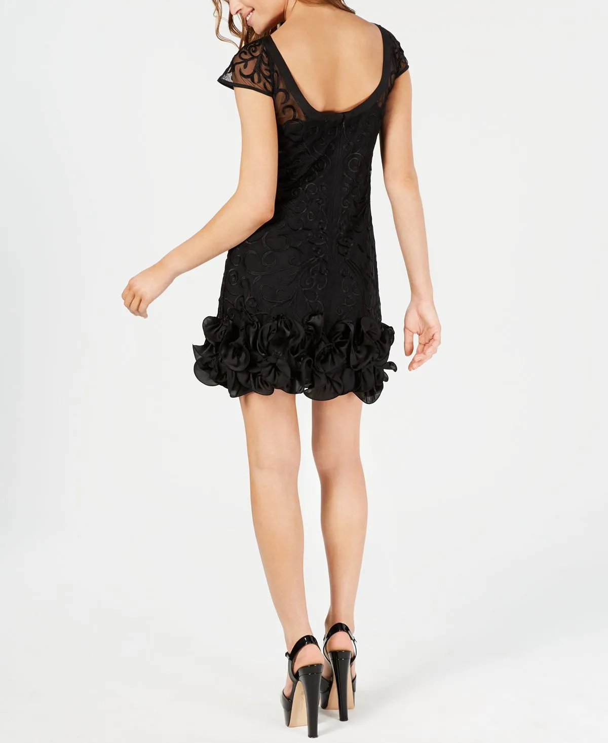 GUESS Lace Floral Ruffle Sheath Dress, Black