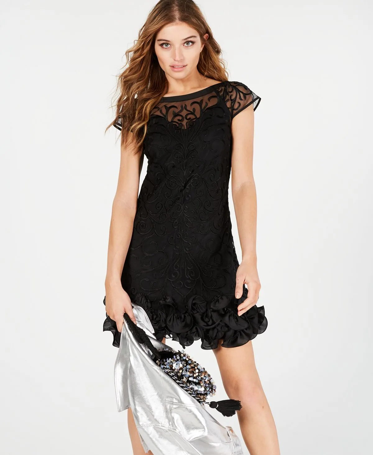 GUESS Lace Floral Ruffle Sheath Dress, Black