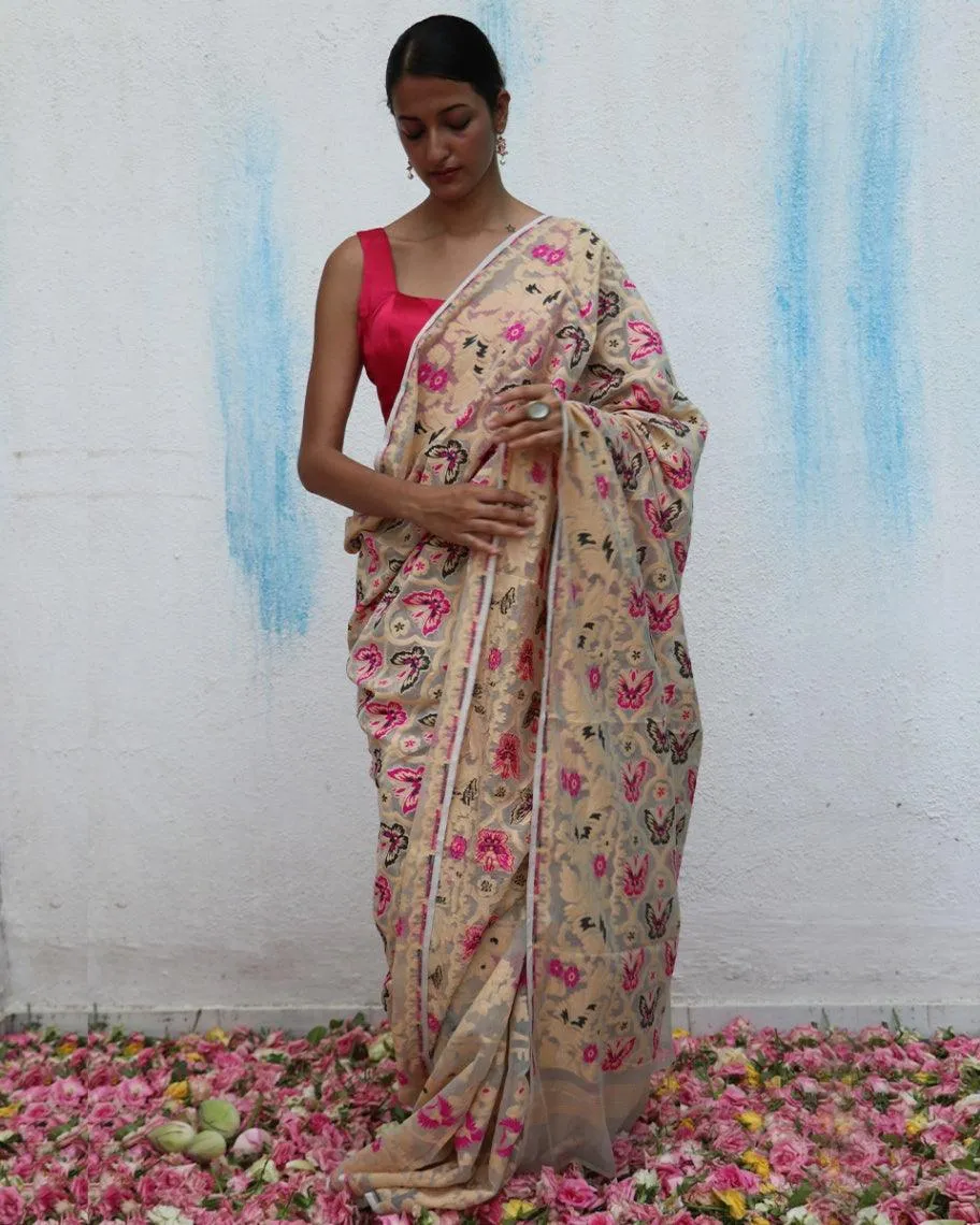 Gul-Khwaab Handwoven Jamdani Pure Linen Saree