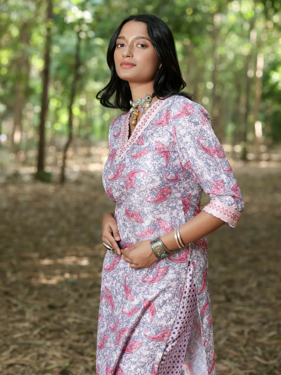 GULABARI - DIGITAL PRINTED KURTA SET ON EMBROIDERD FABRIC WITH HANDWORK NECKLINE