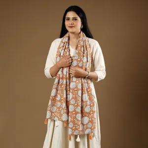 Gulbahar Orange with White Flowers Sanganeri Block Printed Cotton Stoles With Tassels