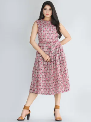 Gulinar - Block Printed Sleeveless Cotton Dress With Stand Collars and Knife Pleats- D72F1872