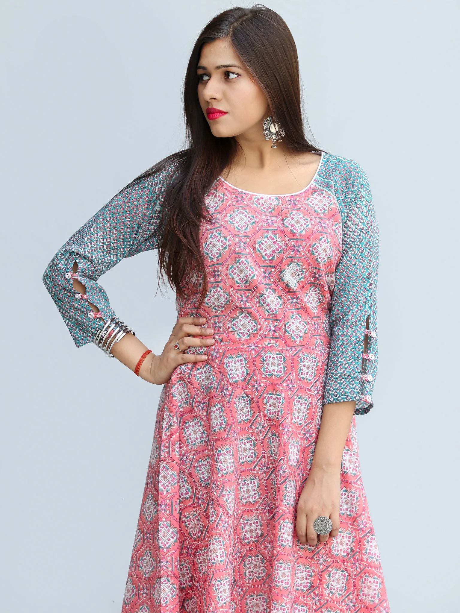 Gulzar Farzaan - Hand Block Printed Urave Cut Long Cotton Dress With Raglan Sleeves - D429F2269