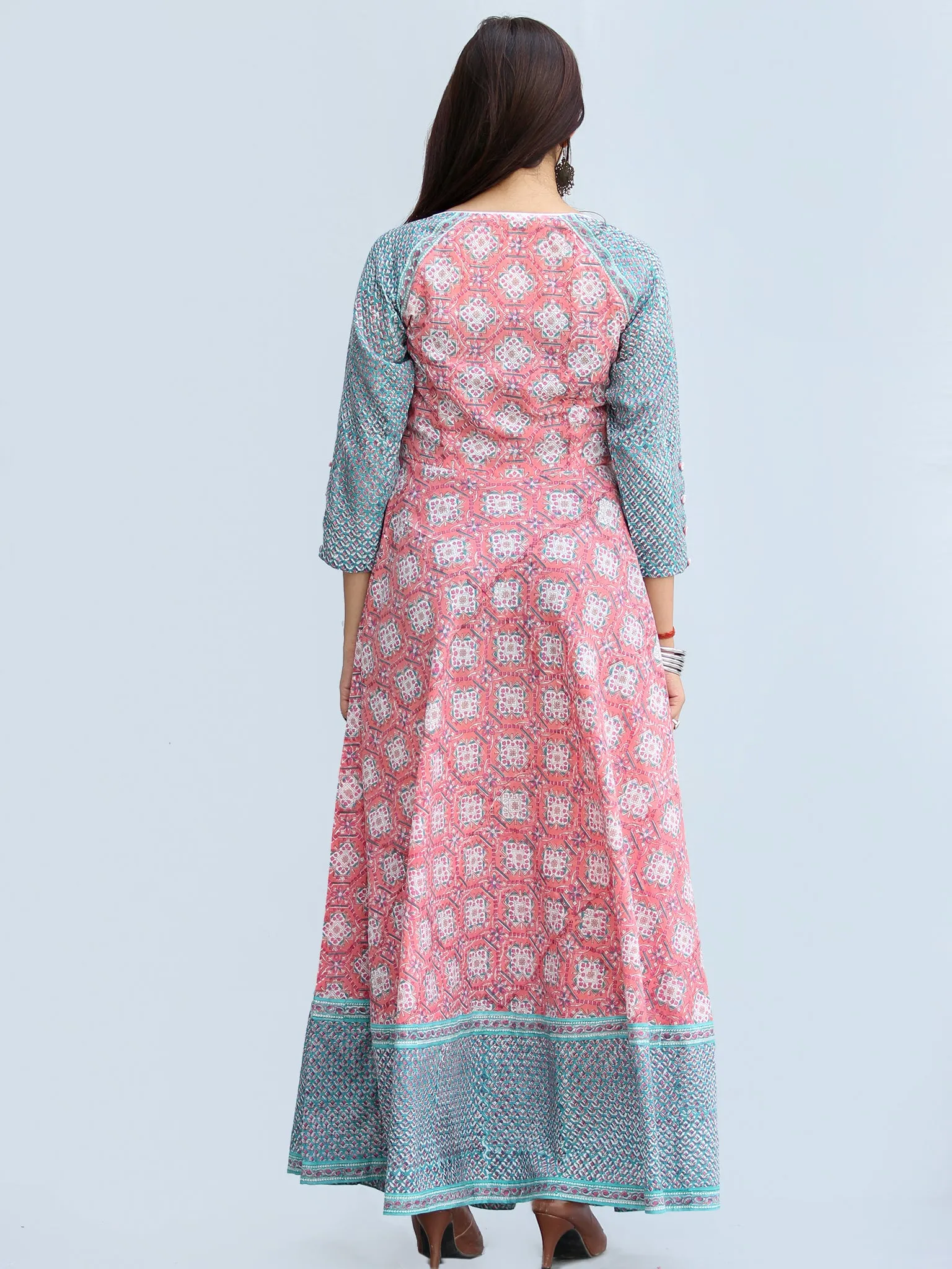 Gulzar Farzaan - Hand Block Printed Urave Cut Long Cotton Dress With Raglan Sleeves - D429F2269