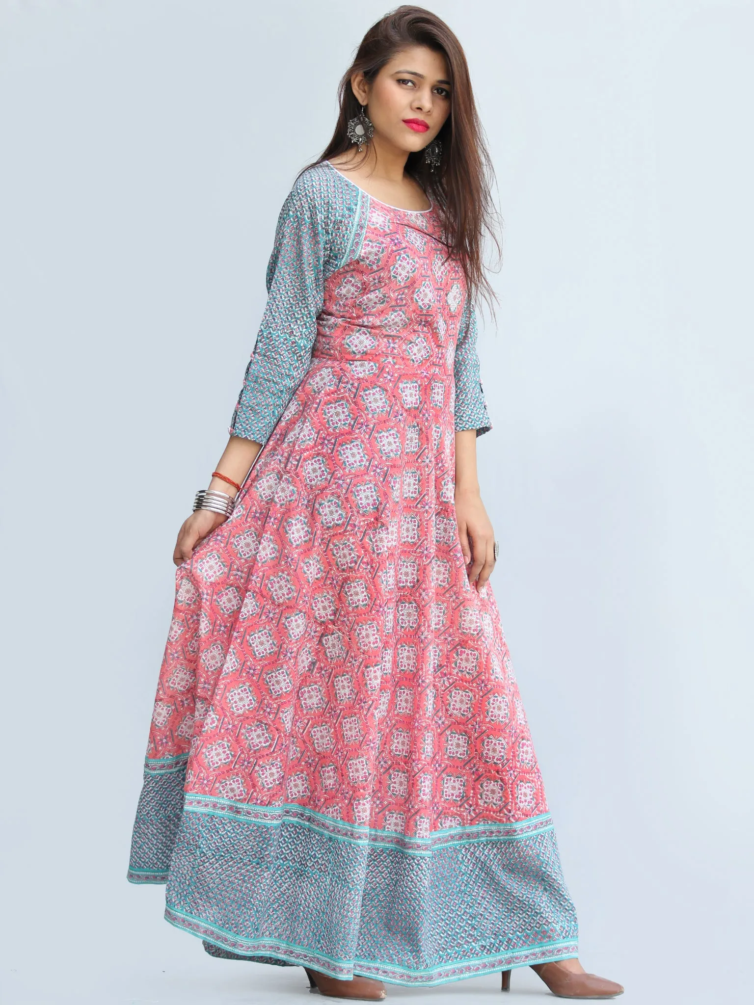 Gulzar Farzaan - Hand Block Printed Urave Cut Long Cotton Dress With Raglan Sleeves - D429F2269