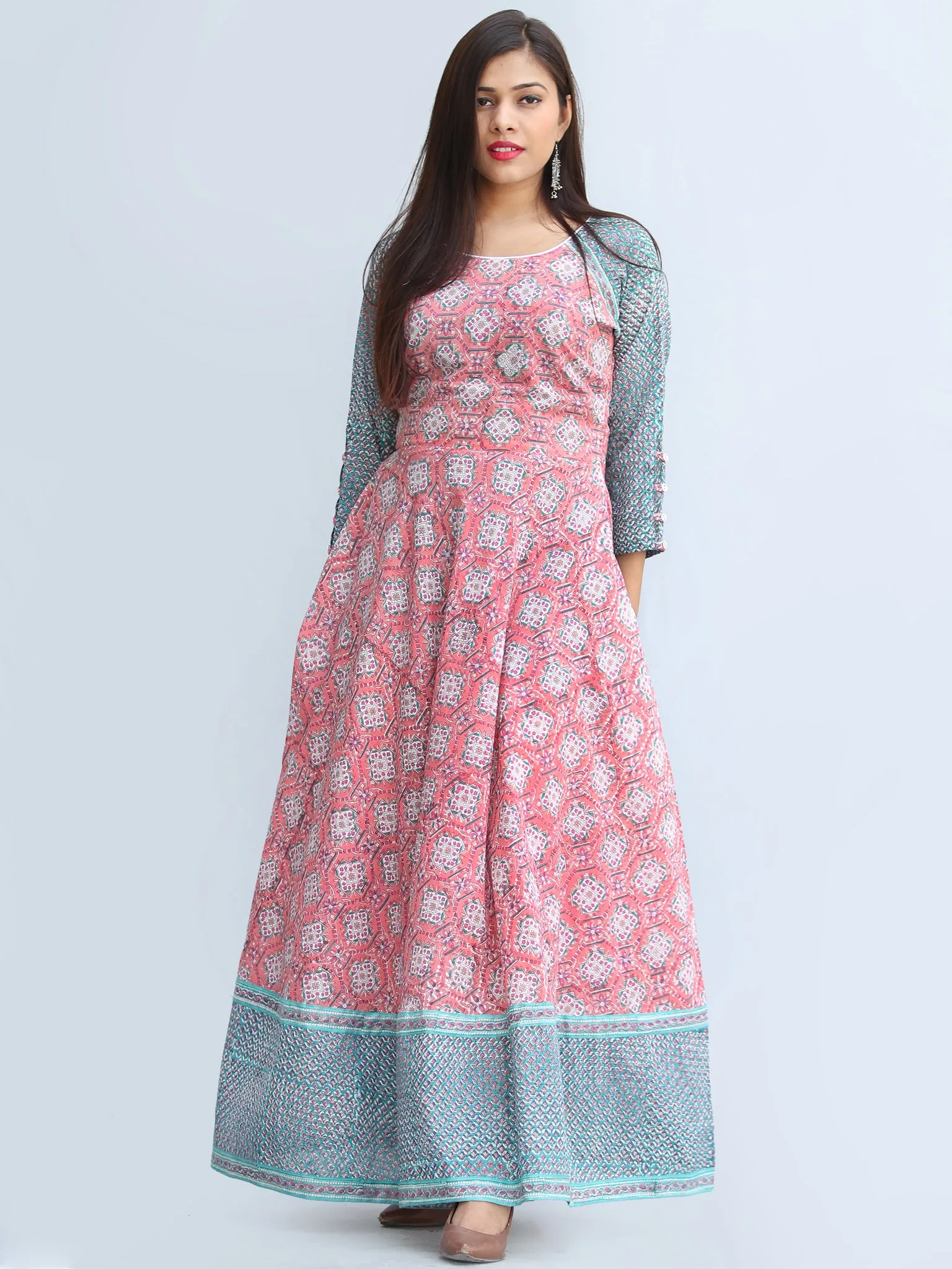 Gulzar Farzaan - Hand Block Printed Urave Cut Long Cotton Dress With Raglan Sleeves - D429F2269