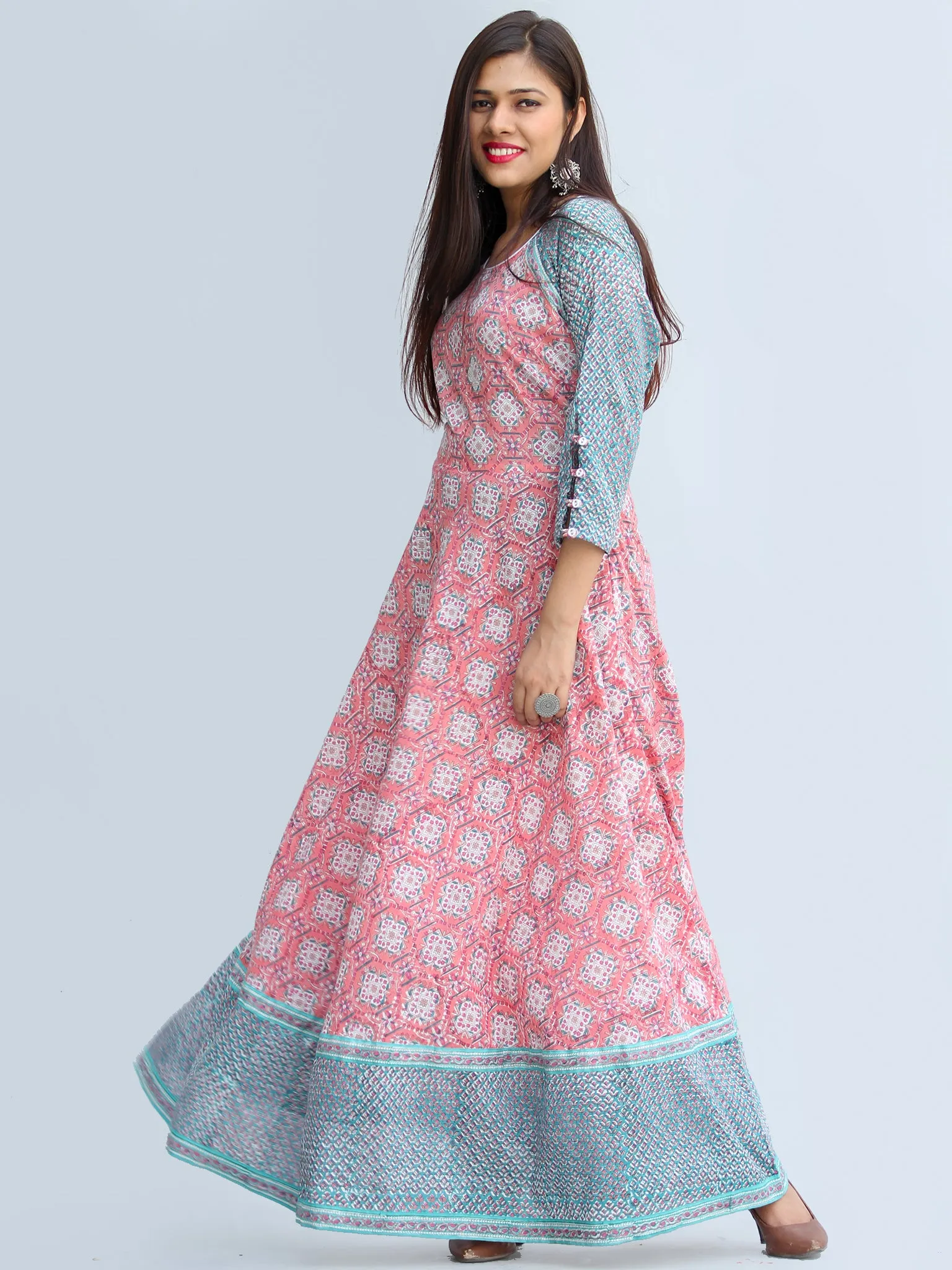 Gulzar Farzaan - Hand Block Printed Urave Cut Long Cotton Dress With Raglan Sleeves - D429F2269