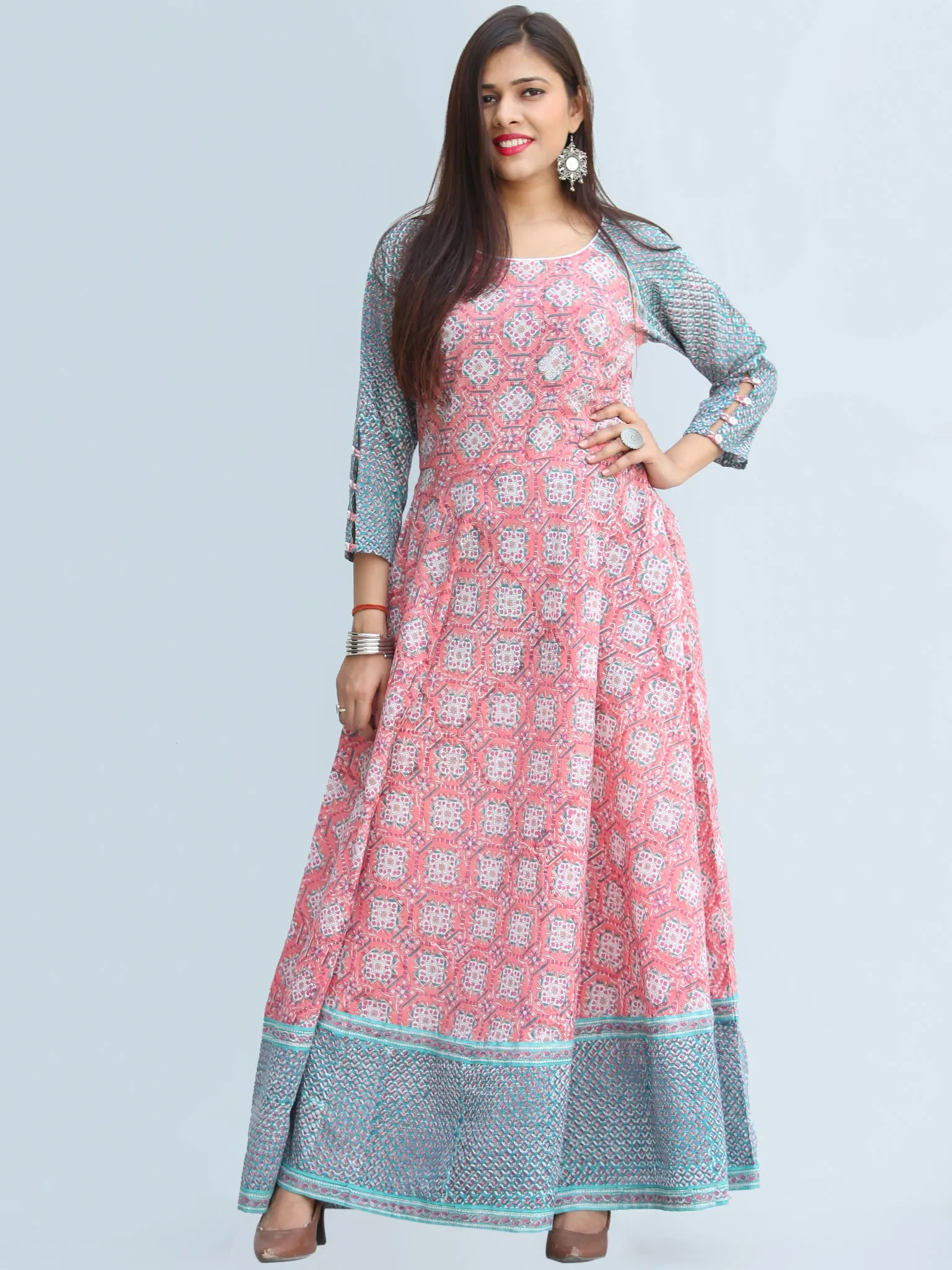 Gulzar Farzaan - Hand Block Printed Urave Cut Long Cotton Dress With Raglan Sleeves - D429F2269