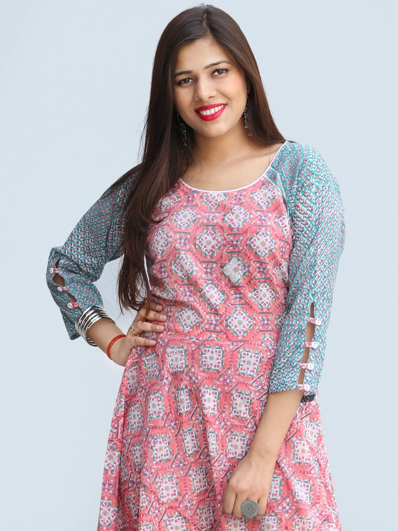 Gulzar Farzaan - Hand Block Printed Urave Cut Long Cotton Dress With Raglan Sleeves - D429F2269