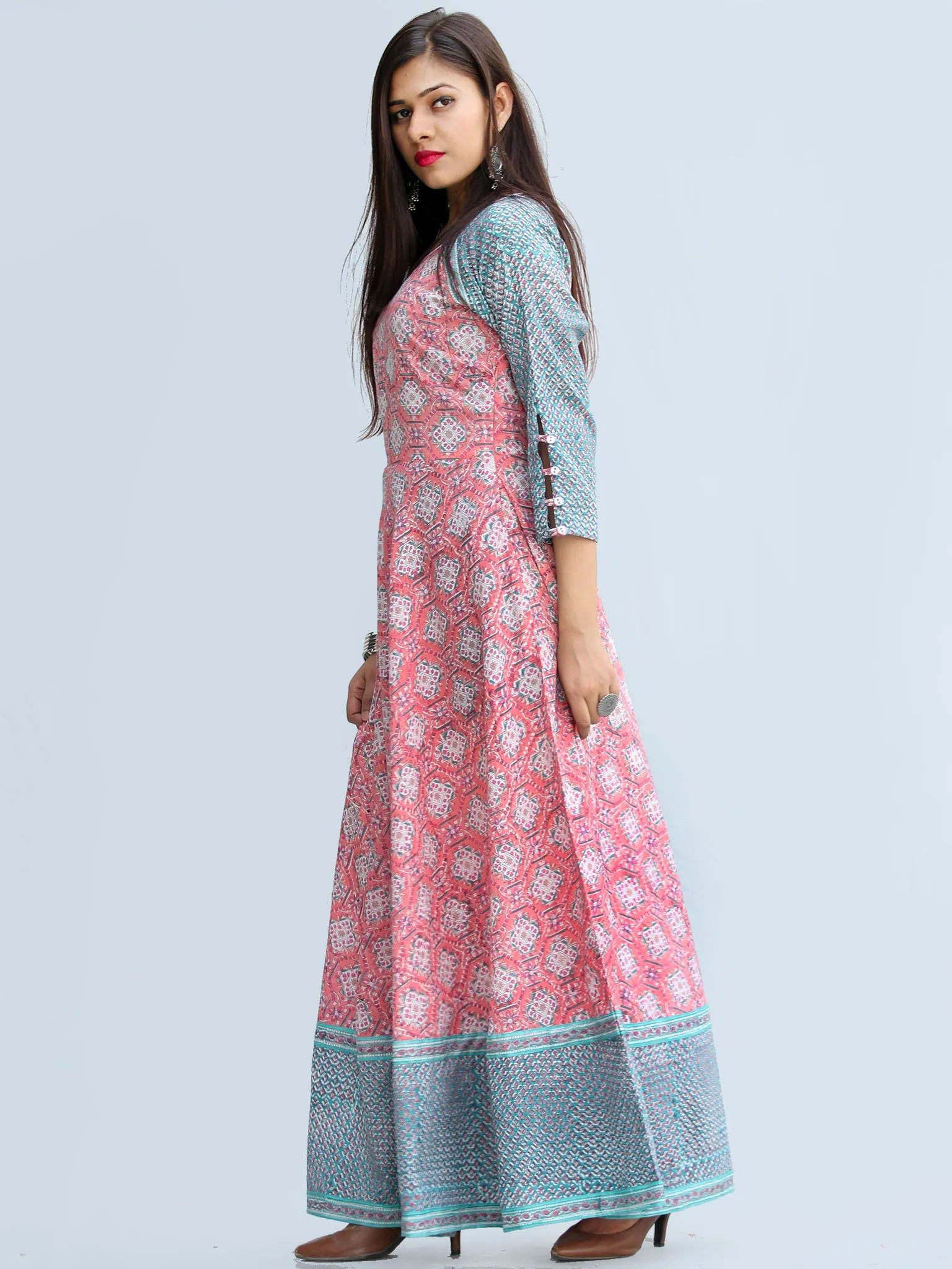 Gulzar Farzaan - Hand Block Printed Urave Cut Long Cotton Dress With Raglan Sleeves - D429F2269