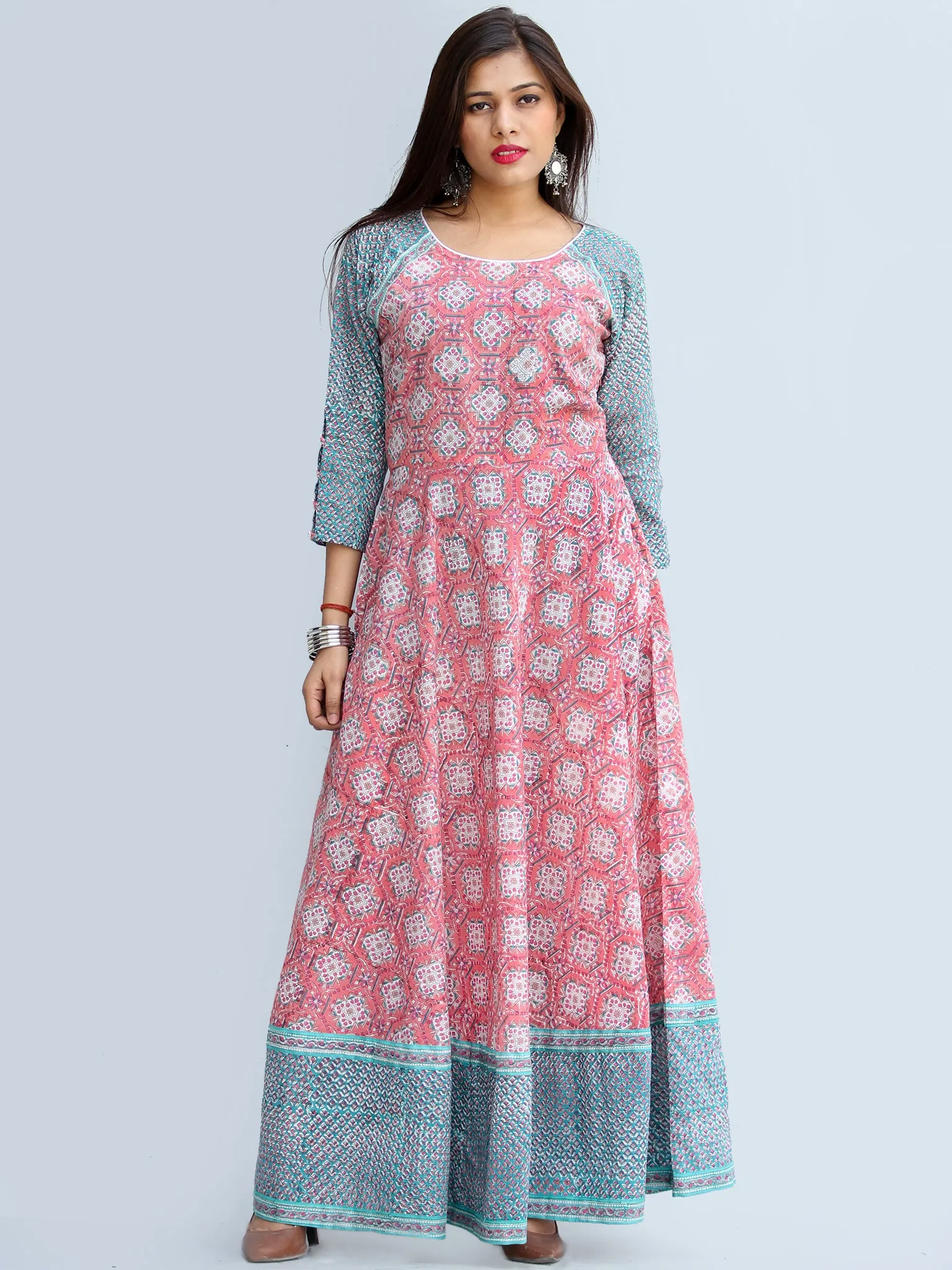 Gulzar Farzaan - Hand Block Printed Urave Cut Long Cotton Dress With Raglan Sleeves - D429F2269