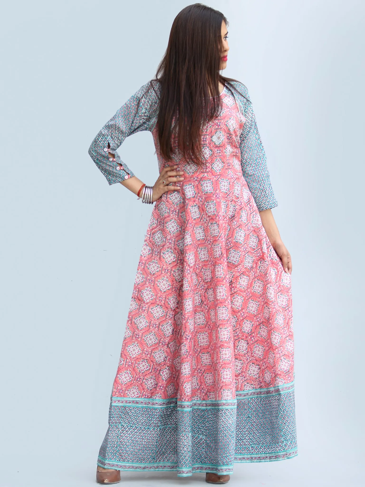 Gulzar Farzaan - Hand Block Printed Urave Cut Long Cotton Dress With Raglan Sleeves - D429F2269