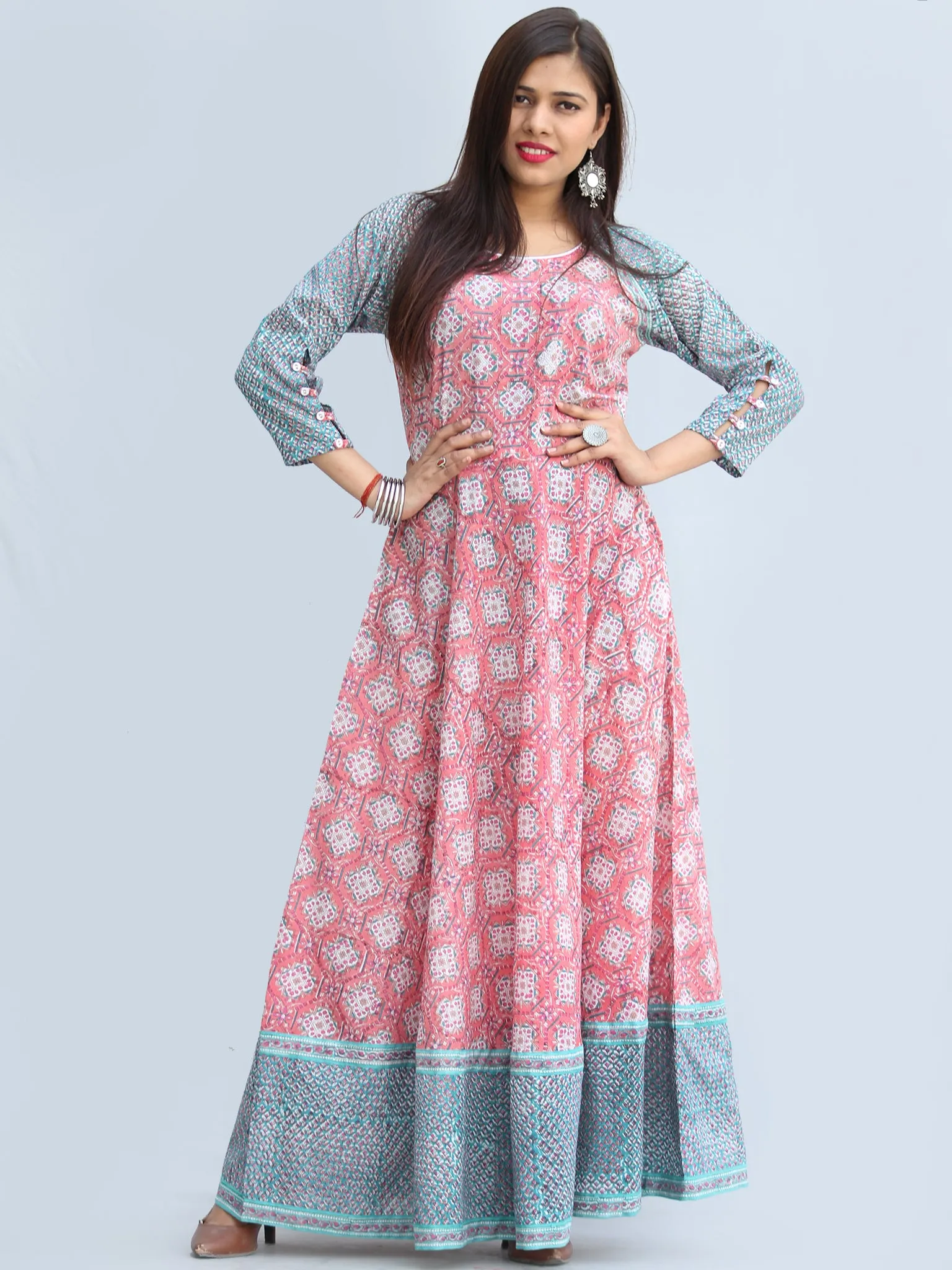 Gulzar Farzaan - Hand Block Printed Urave Cut Long Cotton Dress With Raglan Sleeves - D429F2269