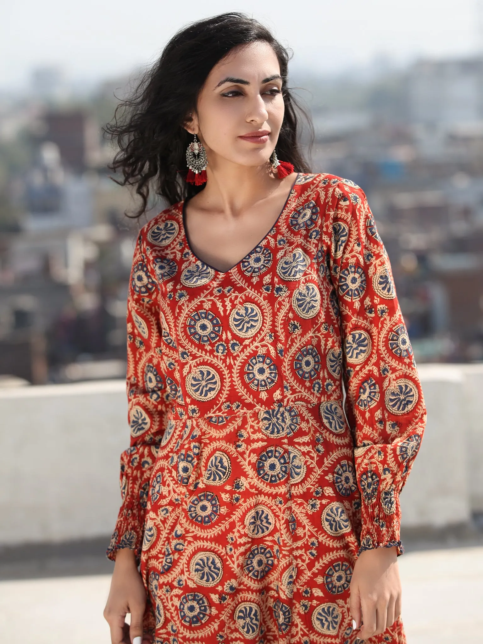 Gulzar Inaara - Urave Cut  Hand Block Printed Dress With Deep Neck - D457FKKK