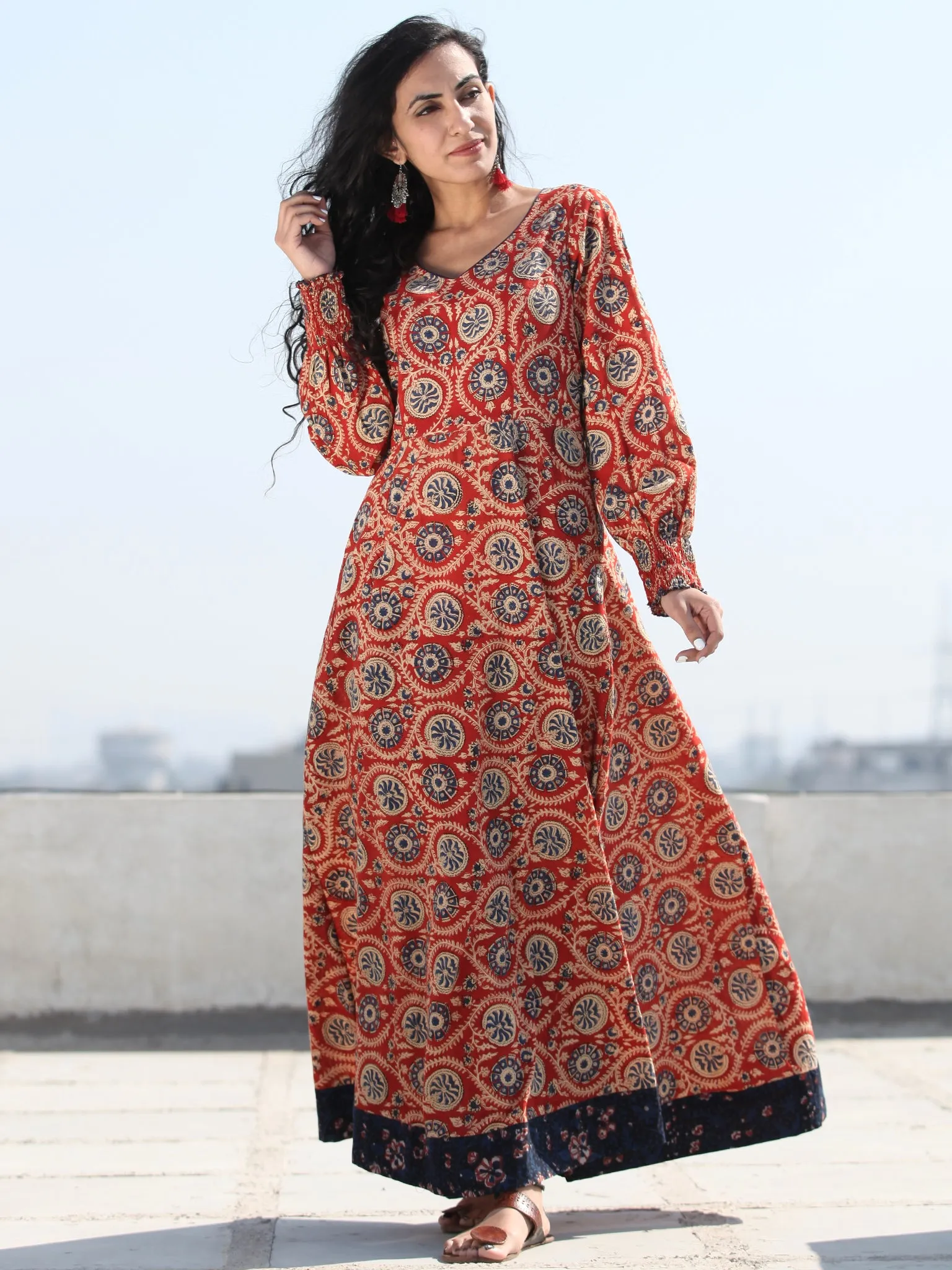 Gulzar Inaara - Urave Cut  Hand Block Printed Dress With Deep Neck - D457FKKK