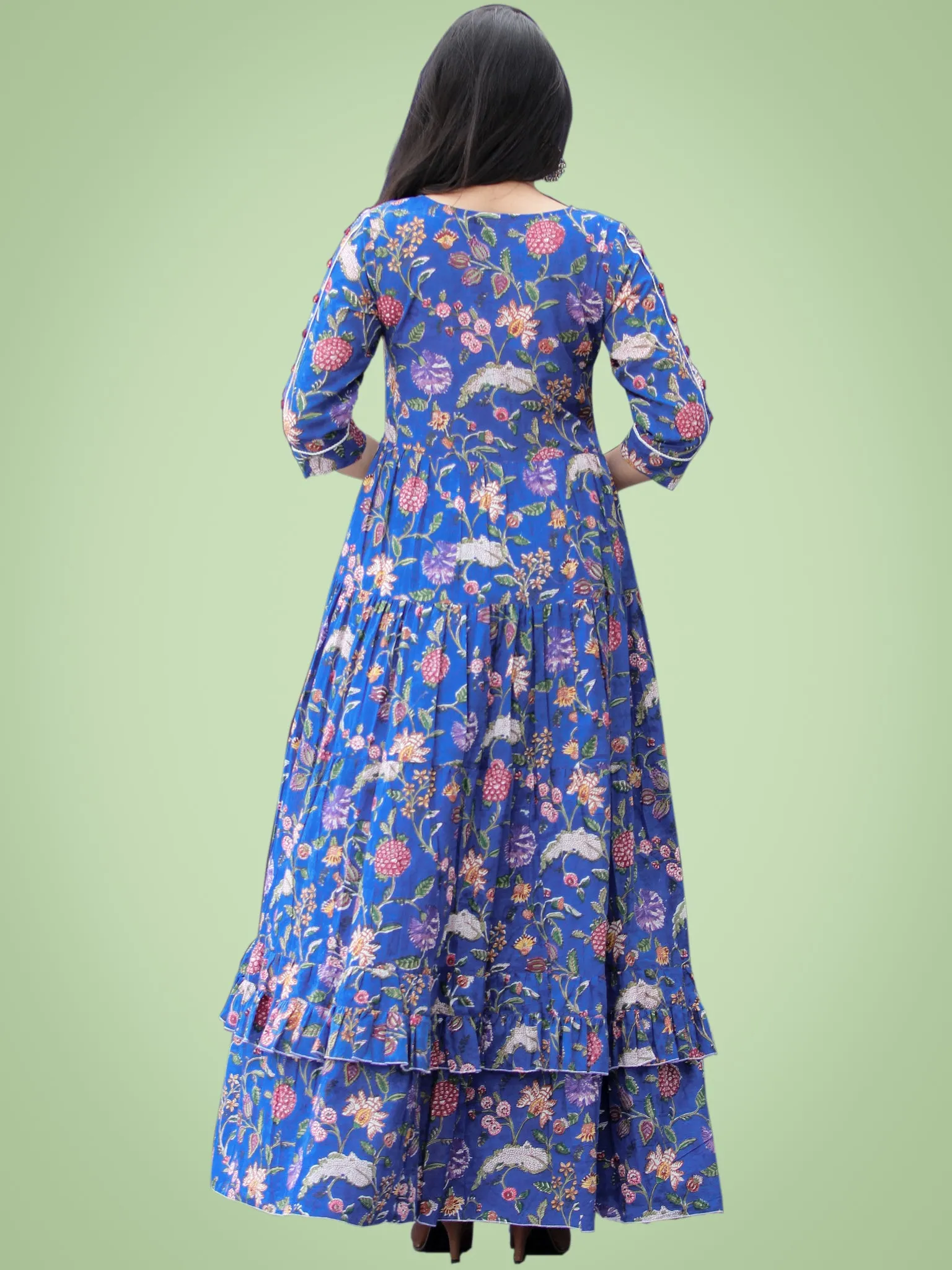 Gulzar Raabia - Royal Blue Green Red Hand Block Printed Long Ruffle Dress - D399F2181