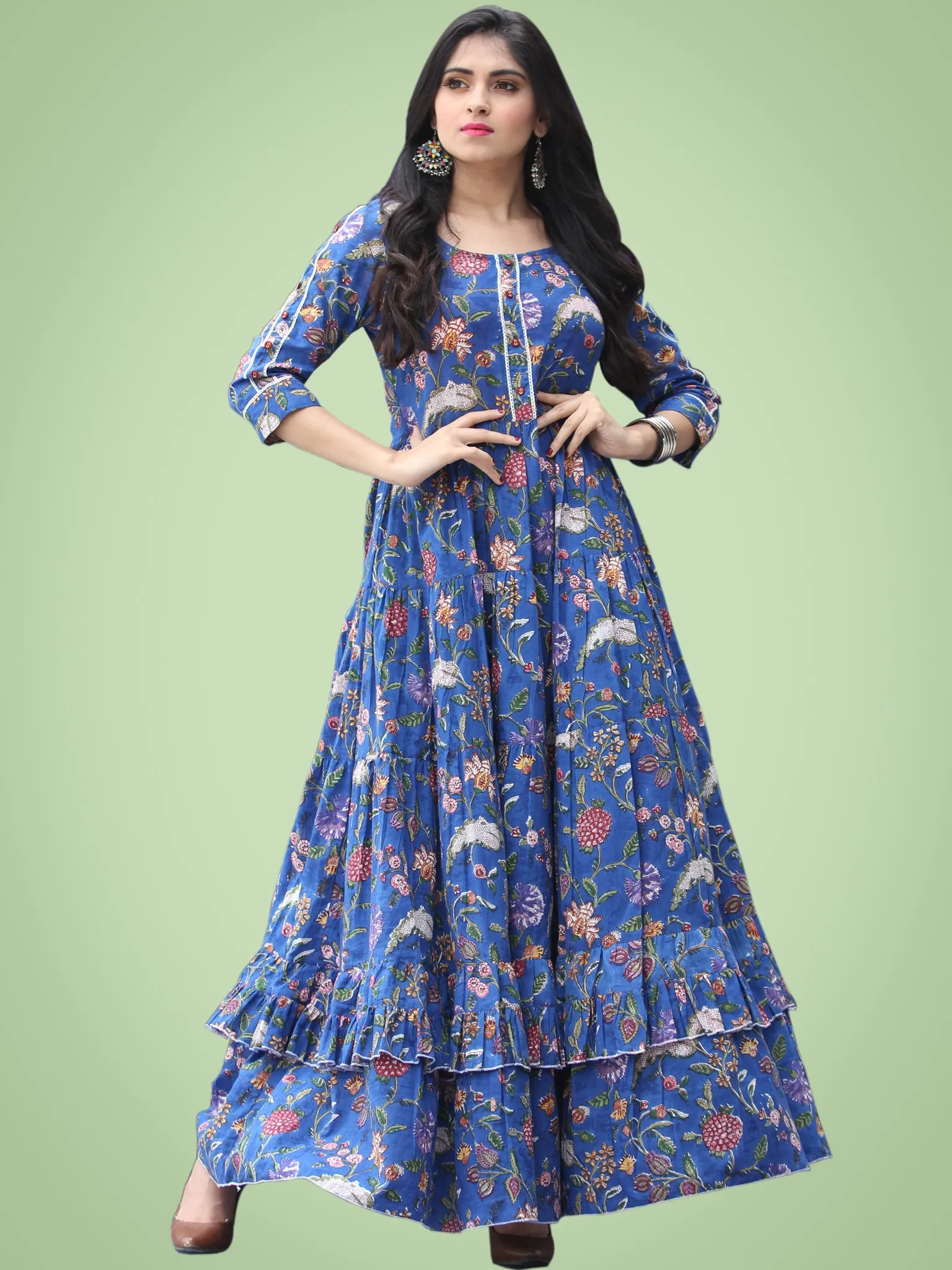 Gulzar Raabia - Royal Blue Green Red Hand Block Printed Long Ruffle Dress - D399F2181