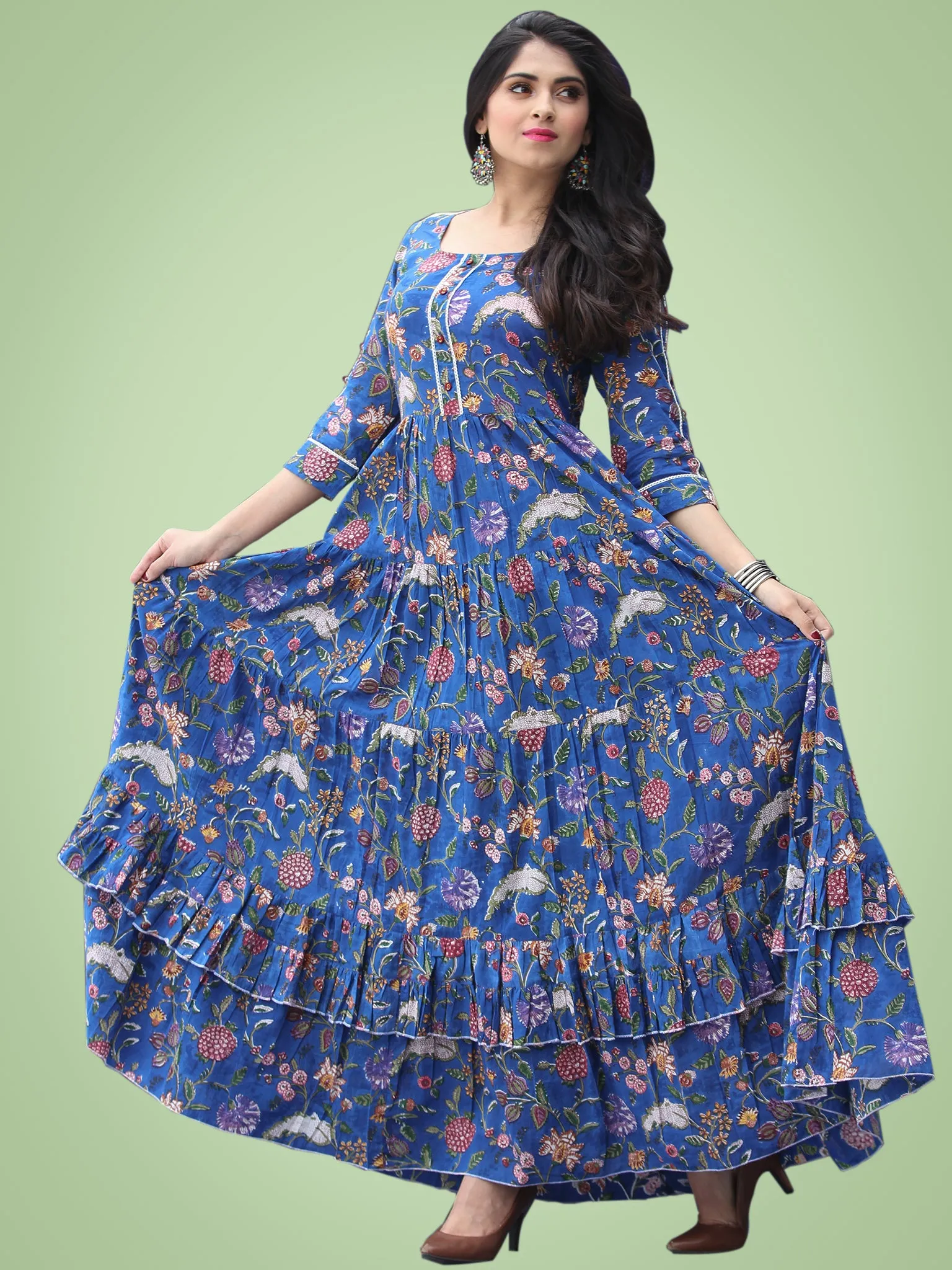 Gulzar Raabia - Royal Blue Green Red Hand Block Printed Long Ruffle Dress - D399F2181